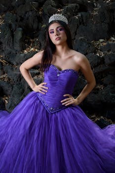 Elegant portrait of a woman in a purple quinceañera dress and tiara outdoors.