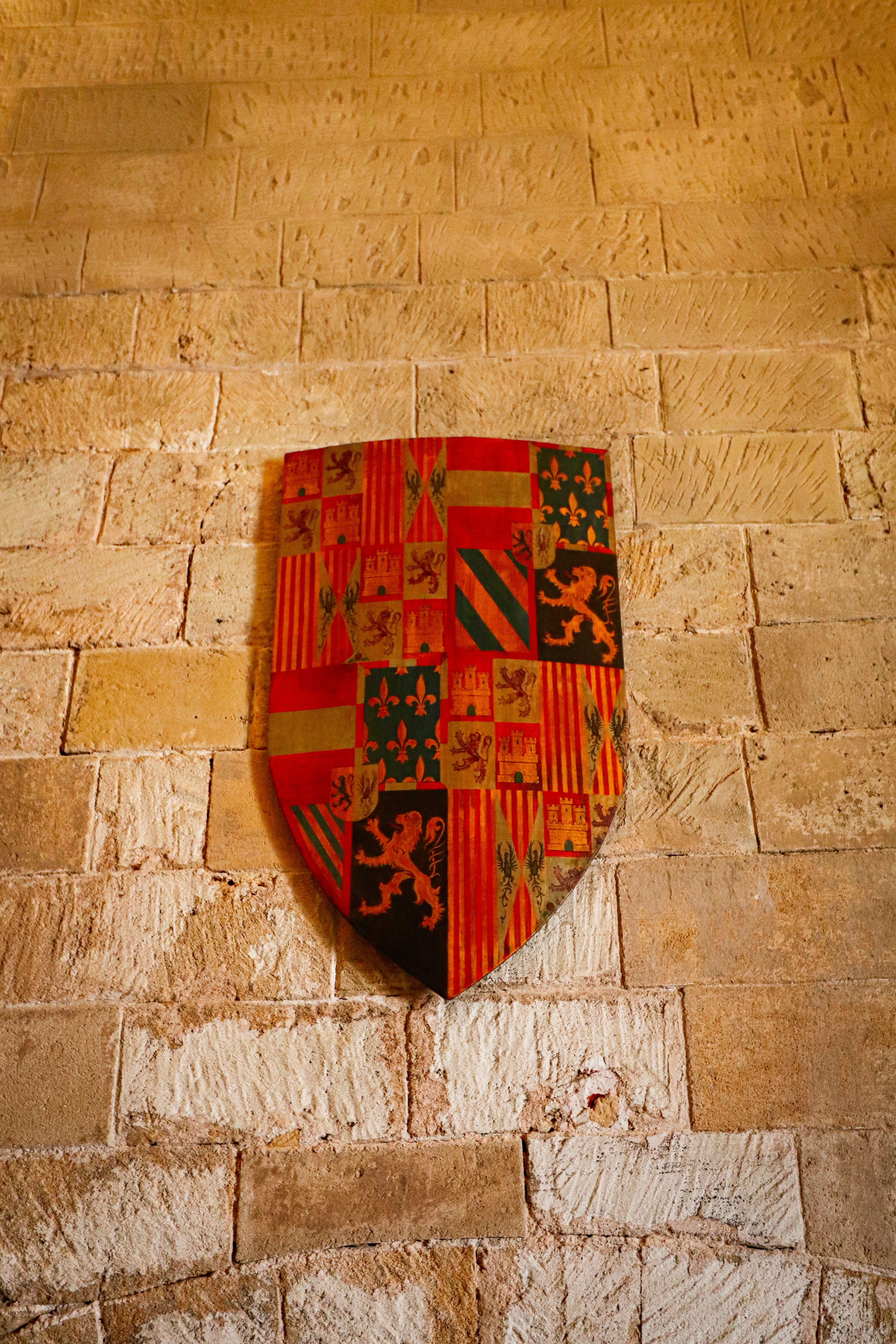 Colorful medieval heraldic shield mounted on an ancient stone wall in warm light.