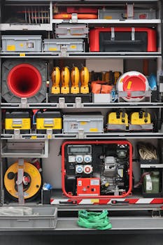 Photo by Ann H Detailed view of organized emergency equipment in a storage unit, showcasing various safety tools.