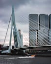 鹿特丹伊拉斯谟大桥和现代摩天大楼矗立在多云的天空下