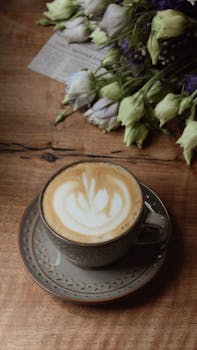 A detailed latte art with a backdrop of pastel flowers on wooden table.