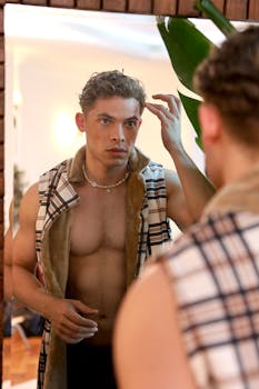 Shirtless man examining himself in the mirror, adjusting hair.
