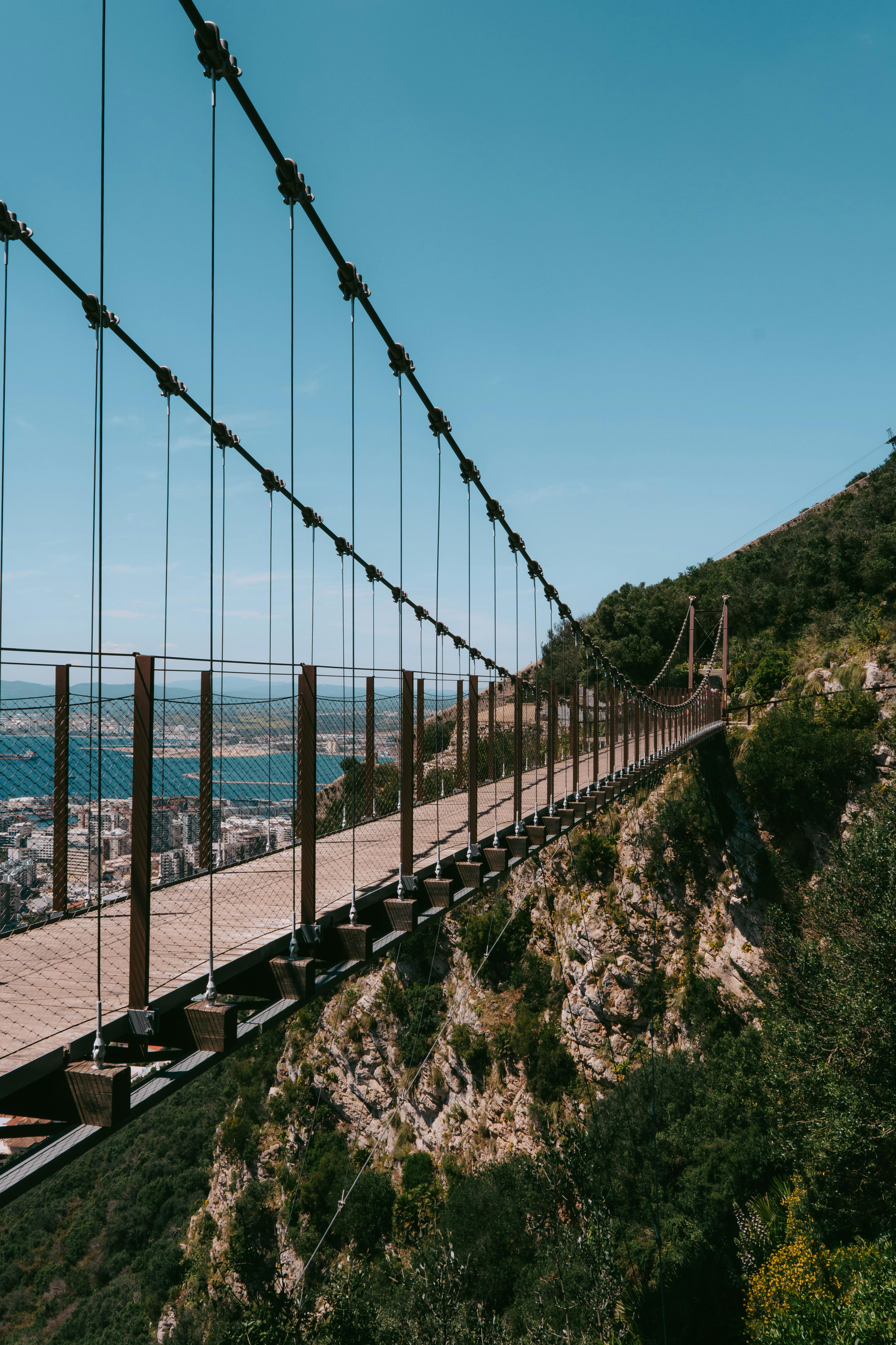 Stunning view of the Windsor Suspension Bridge in Gibraltar, perfect for adventure and travel enthusiasts.