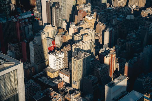 Captivating aerial shot of New York City's dense skyline, showcasing modern urban architecture.