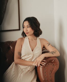 Elegant woman with tattoos relaxing indoors on a leather sofa. Modern and stylish interior.