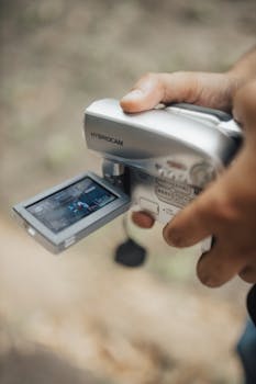 A person films outdoors with a digital camcorder, focusing on capturing moments vividly.