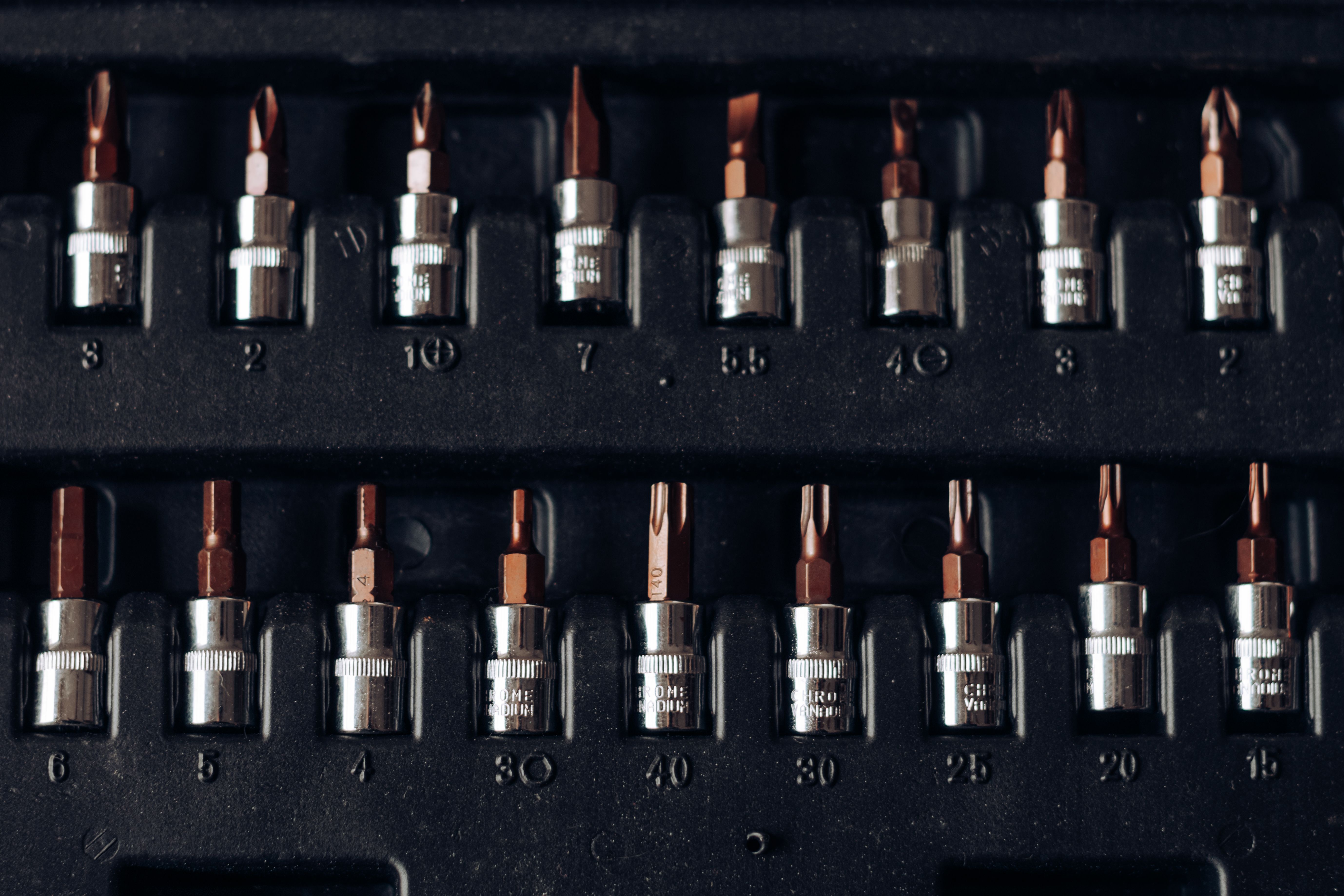 Close-up of Assorted Screwdriver Bits in Holder · Free Stock Photo