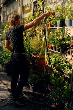 A gardener waters plants outside a shop in Paris, capturing vibrant fall foliage and urban life.