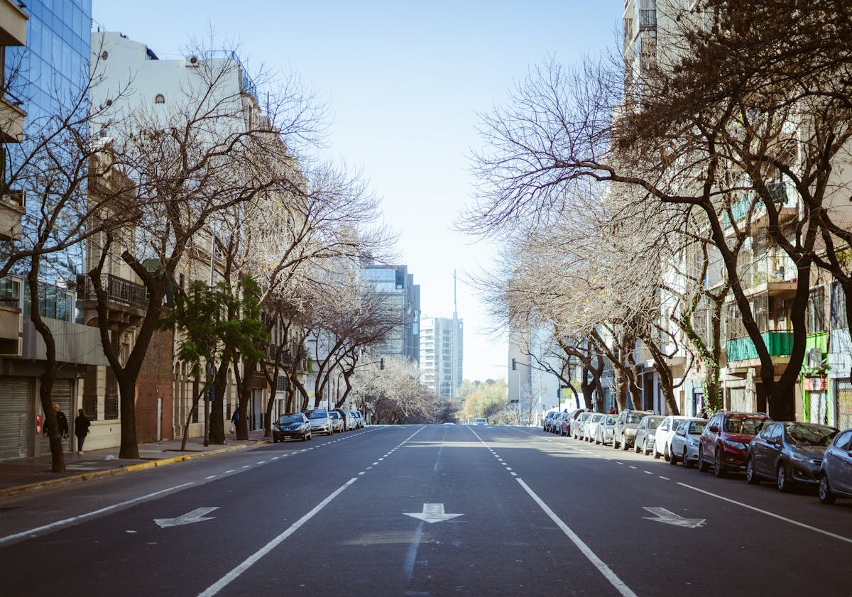A quiet urban street scene in Buenos Aires showcasing the architectural style and parked cars.