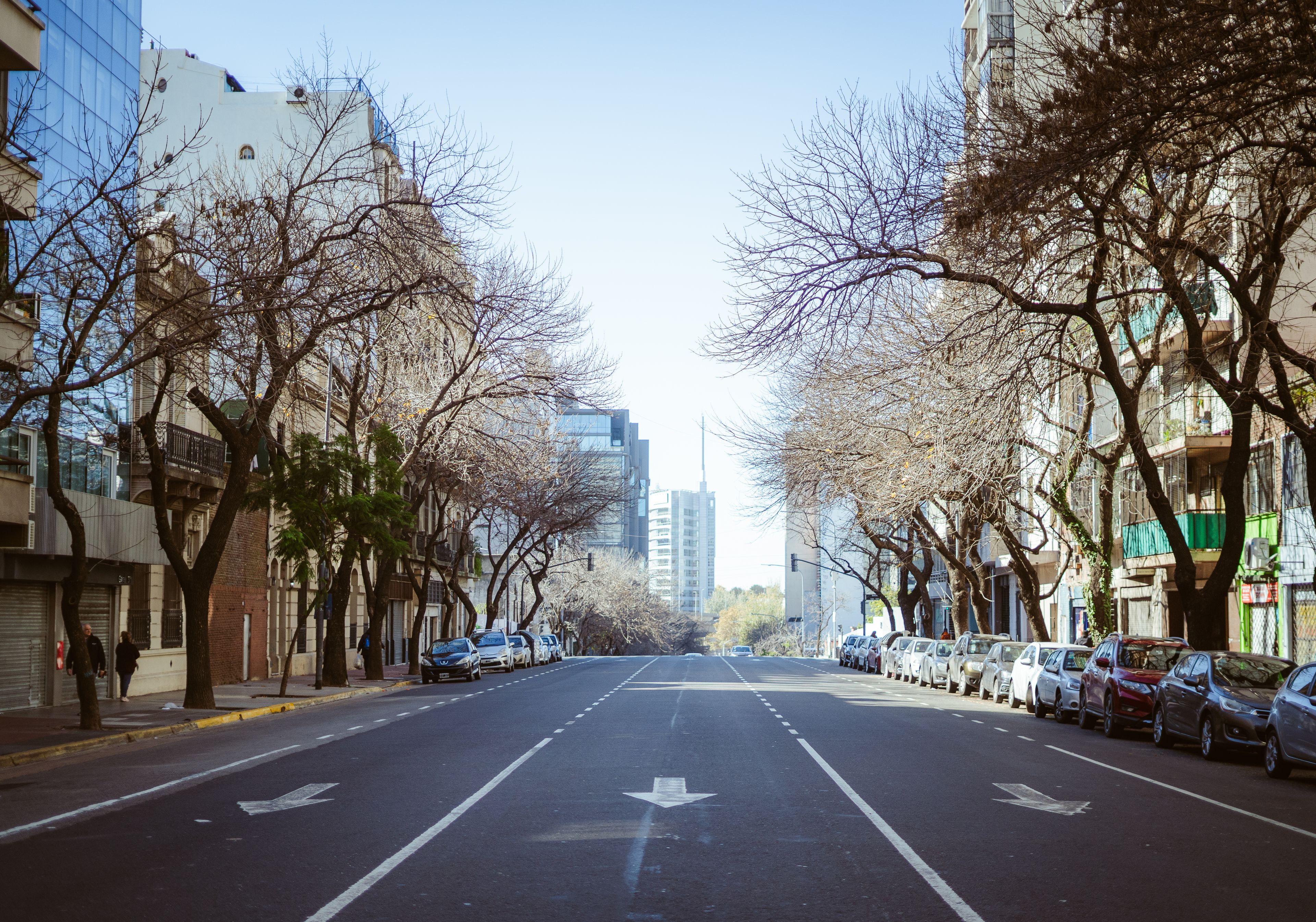 A quiet urban street scene in Buenos Aires showcasing the architectural style and parked cars.