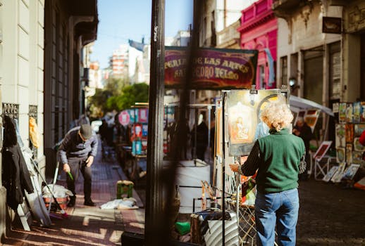Vibrant street scene of a painter at San Telmo Market, Buenos Aires, capturing local life.
