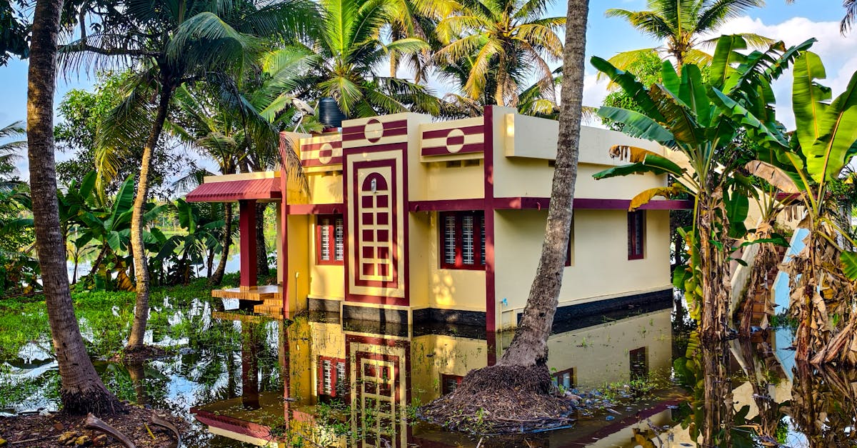 Photo by Anoop VS A colorful house surrounded by floodwaters and lush palm trees under a bright blue sky.