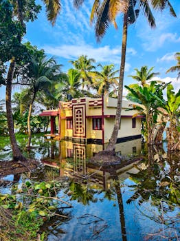 Photo by Anoop VS A colorful house surrounded by floodwaters and lush palm trees under a bright blue sky.