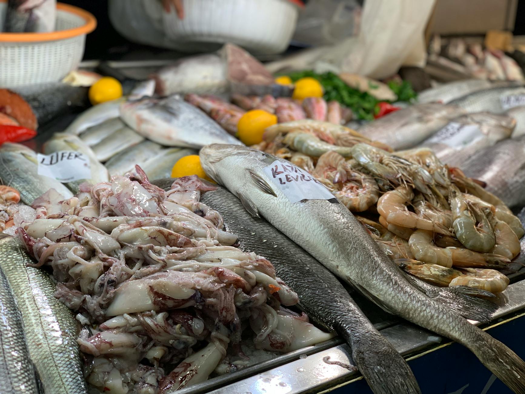A vibrant array of fresh seafood on ice at Fethiye market in Turkey, featuring fish, squid, and shrimp.