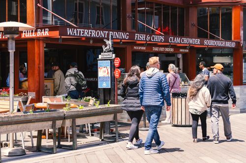 Free Lively waterfront dining area in San Francisco, featuring people enjoying a sunny day and popular food spots. Stock Photo
