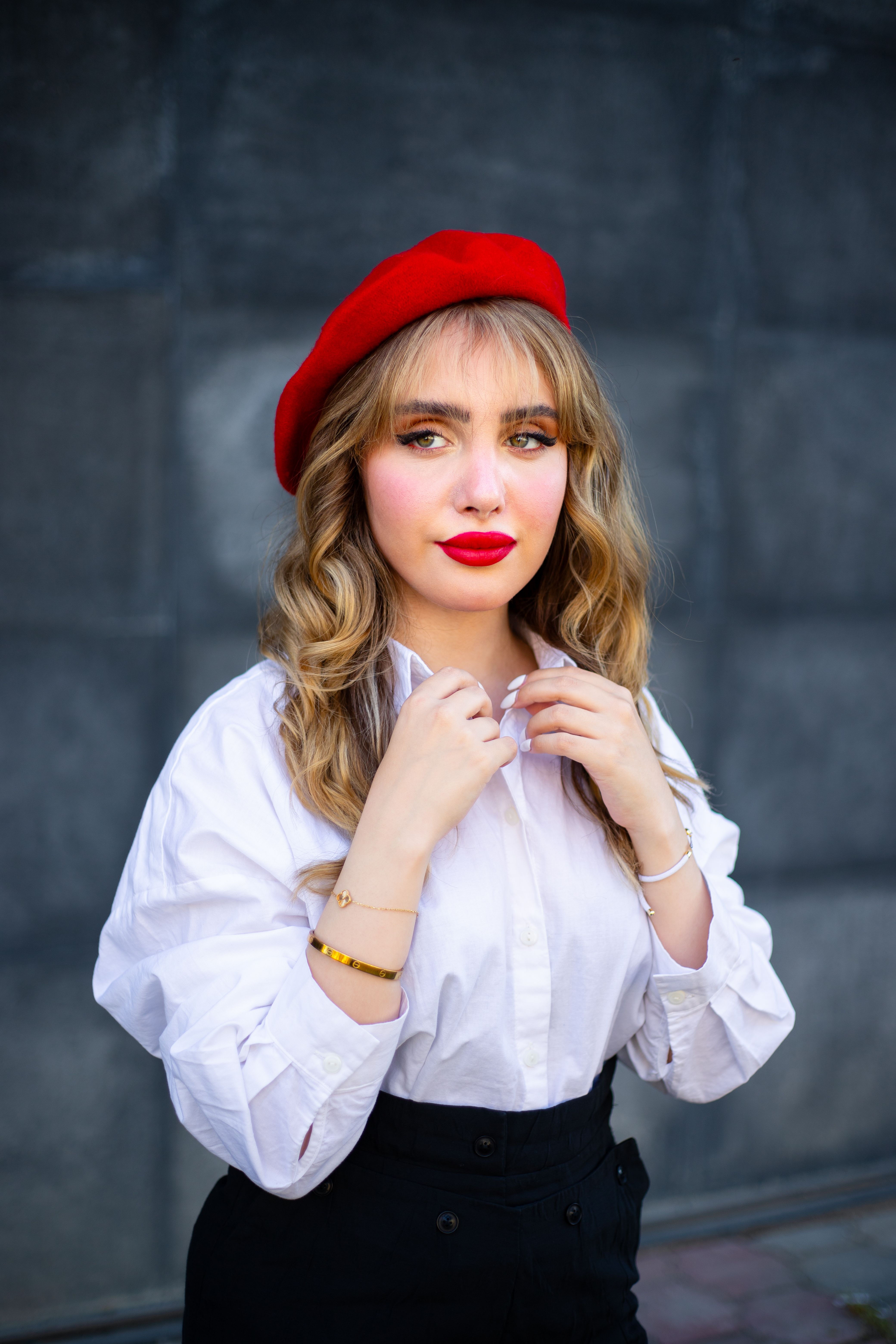 Chic Woman in Red Beret and White Blouse Outdoors · Free Stock Photo