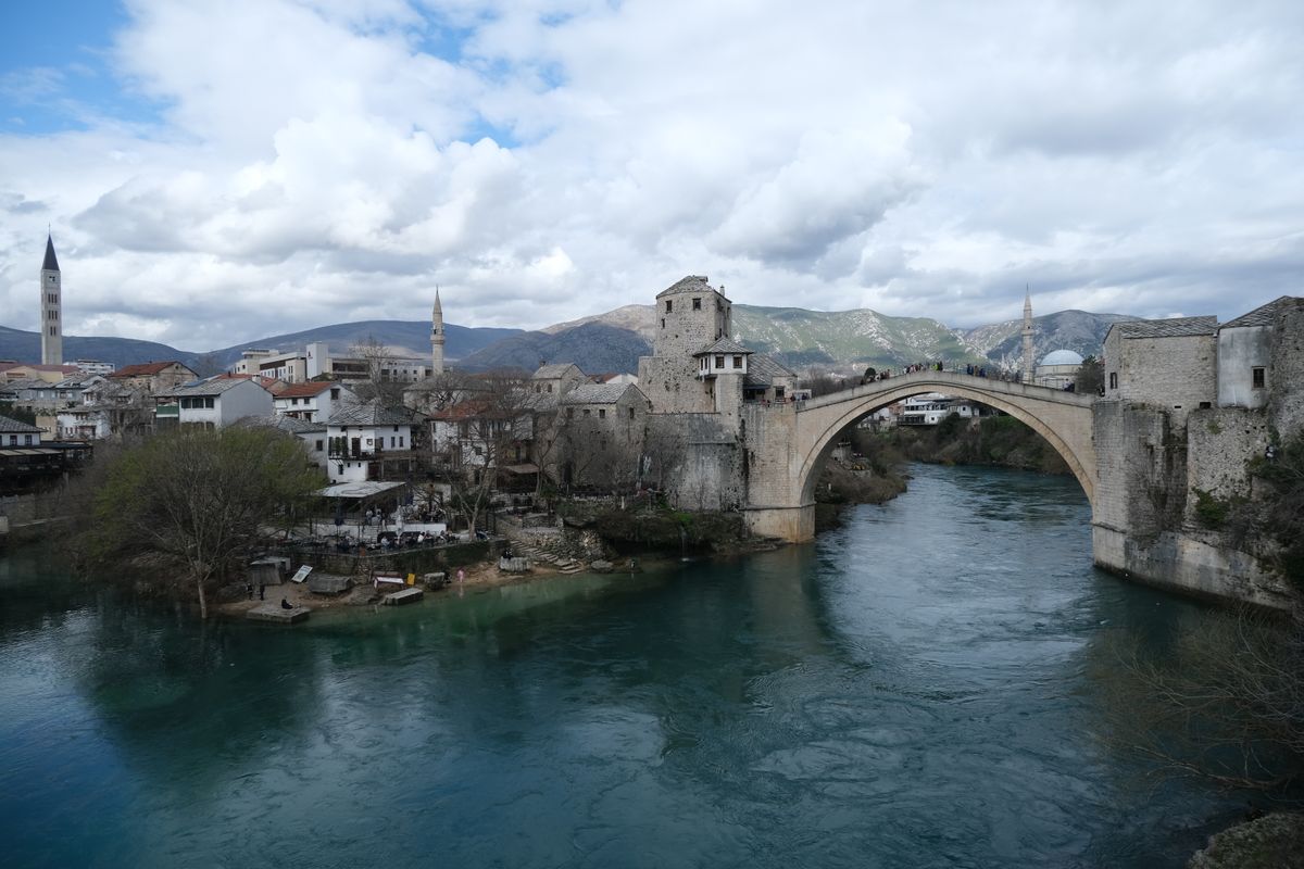 Stari Most bridge in Mostar captured from below showing the dramatic single arch