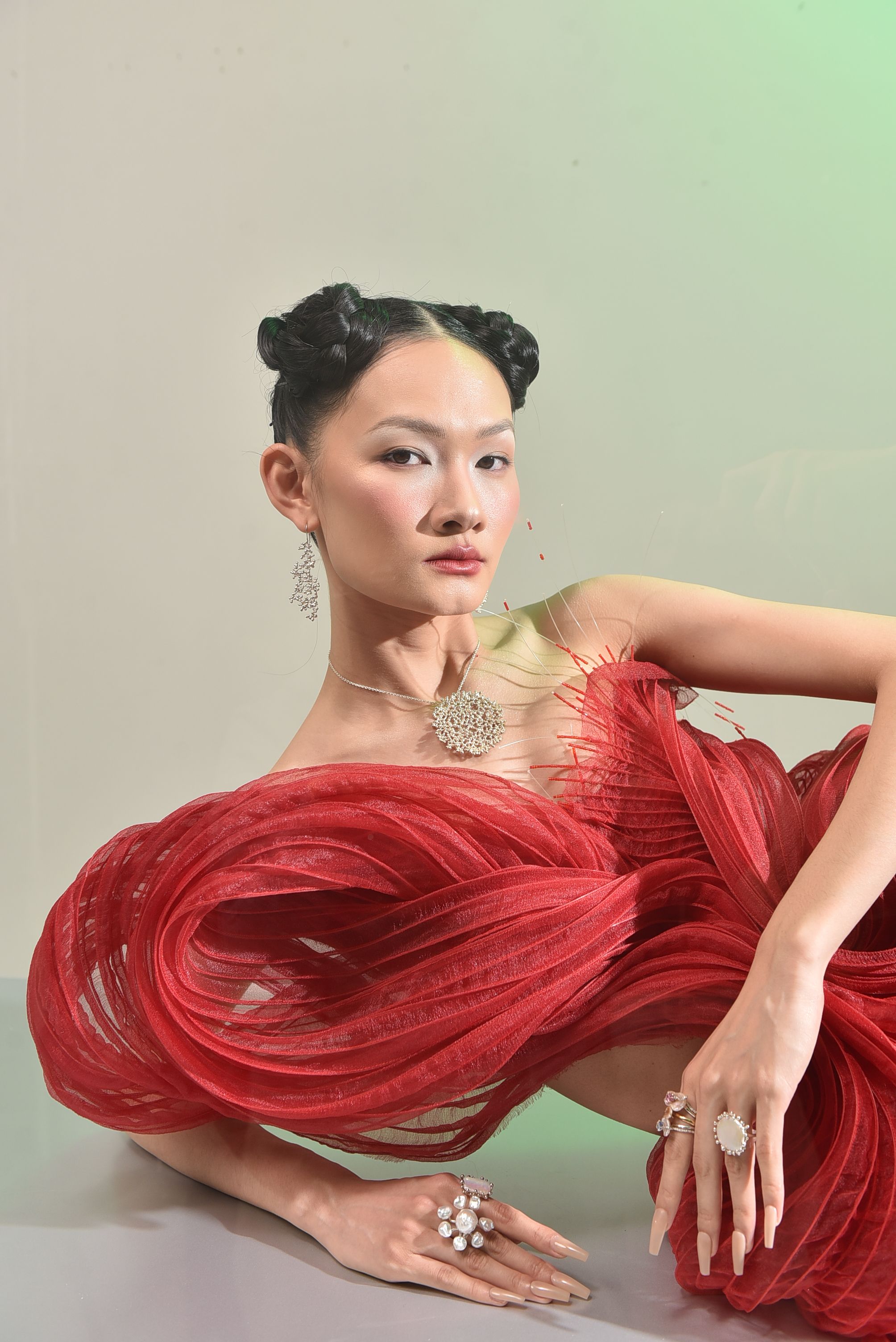 Stylish portrait of a woman with intricate hairstyle and red dress, showcasing elegance and grace.