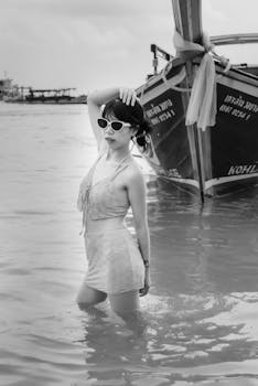Black and white photo of a stylish woman posing by a boat at the beach, exuding a vintage vibe.