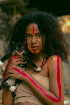 一位女性用五彩斑斓的身体彩绘抱着一只好奇的猫，融合了艺术与陪伴