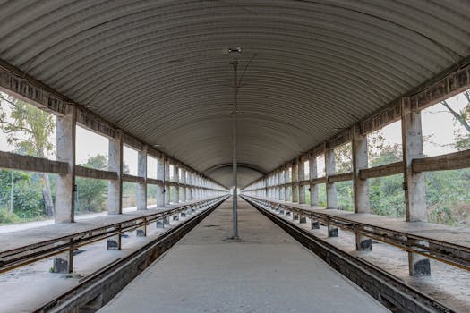 A minimalist view of an abandoned train station in Delhi, India, featuring geometric symmetry.