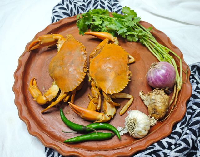 Two fresh crabs with herbs and spices on a rustic tray, ready for cooking.