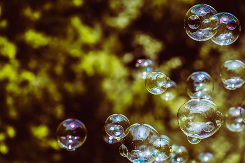 Free Floating iridescent soap bubbles against a greenery backdrop, capturing light play. Stock Photo