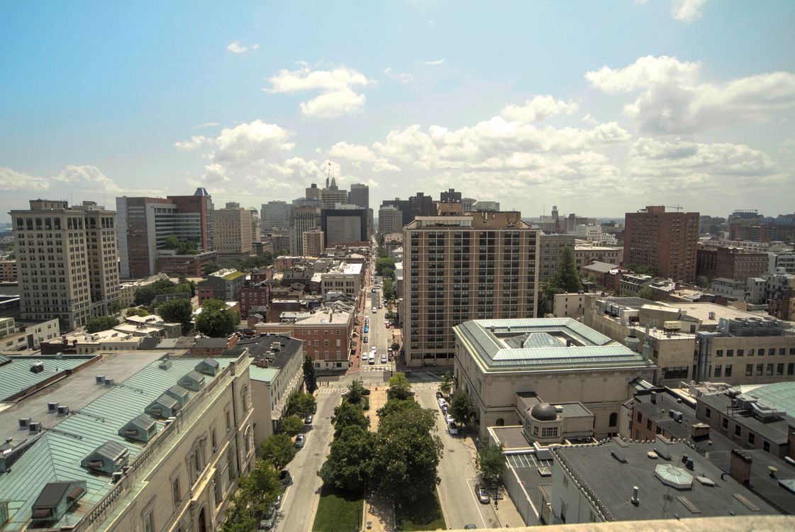 Aerial view of downtown Baltimore cityscape with high-rise buildings