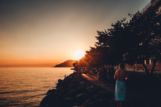 沃韦的日内瓦湖畔，日落时分，岸边树木与人的剪影清晰可见