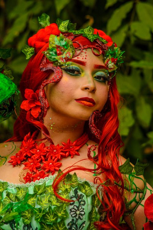 Free Stunning cosplay character with red hair adorned with ivy and flowers in a lush outdoor setting. Stock Photo