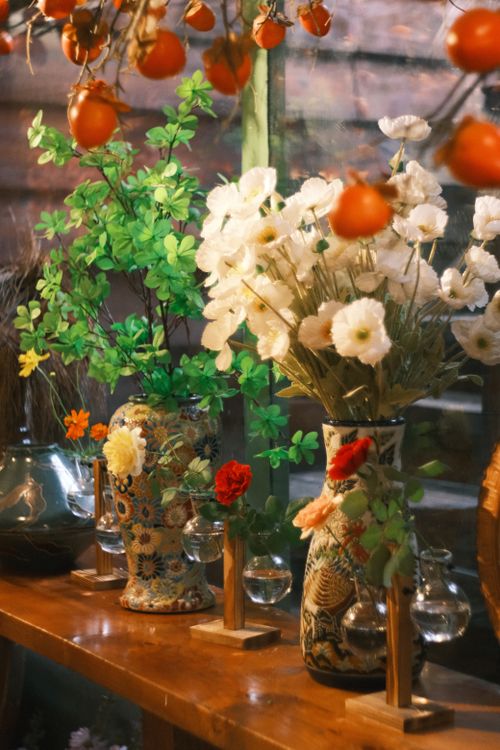 Free Colorful vases with flowers and persimmons in soft daylight create a vibrant scene. Stock Photo