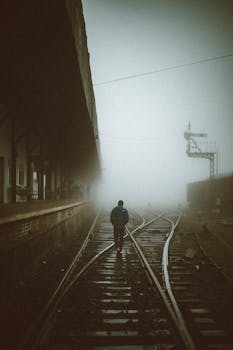 A solitary figure walks on foggy train tracks at a Sri Lankan station, evoking a moody, cinematic atmosphere.