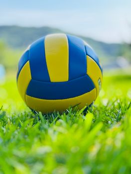 Close-up of a yellow and blue volleyball on lush green grass, perfect for sports themes.