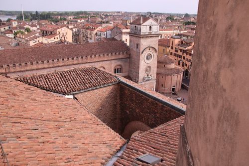 Free Aerial view of Mantua's historic architecture including a prominent clock tower and red-tiled roofs. Stock Photo