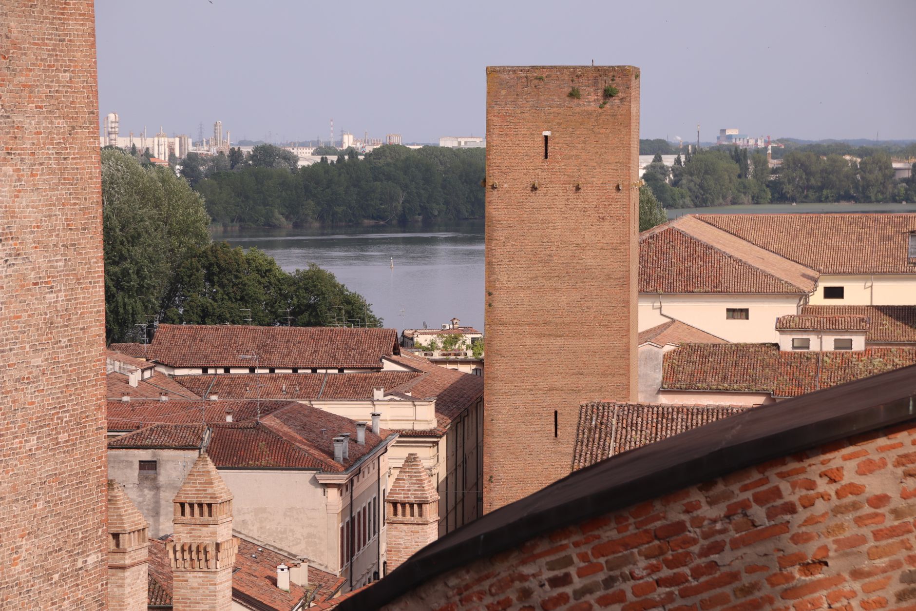 A view of Mantova's historic architecture and river in Lombardia, Italy.