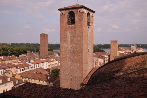 Free Aerial view of Mantova's historic towers against a summer sky in Lombardia, Italy. Stock Photo
