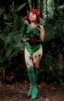 A person in a nature-inspired cosplay costume standing in a forested area, exuding a mystical vibe.