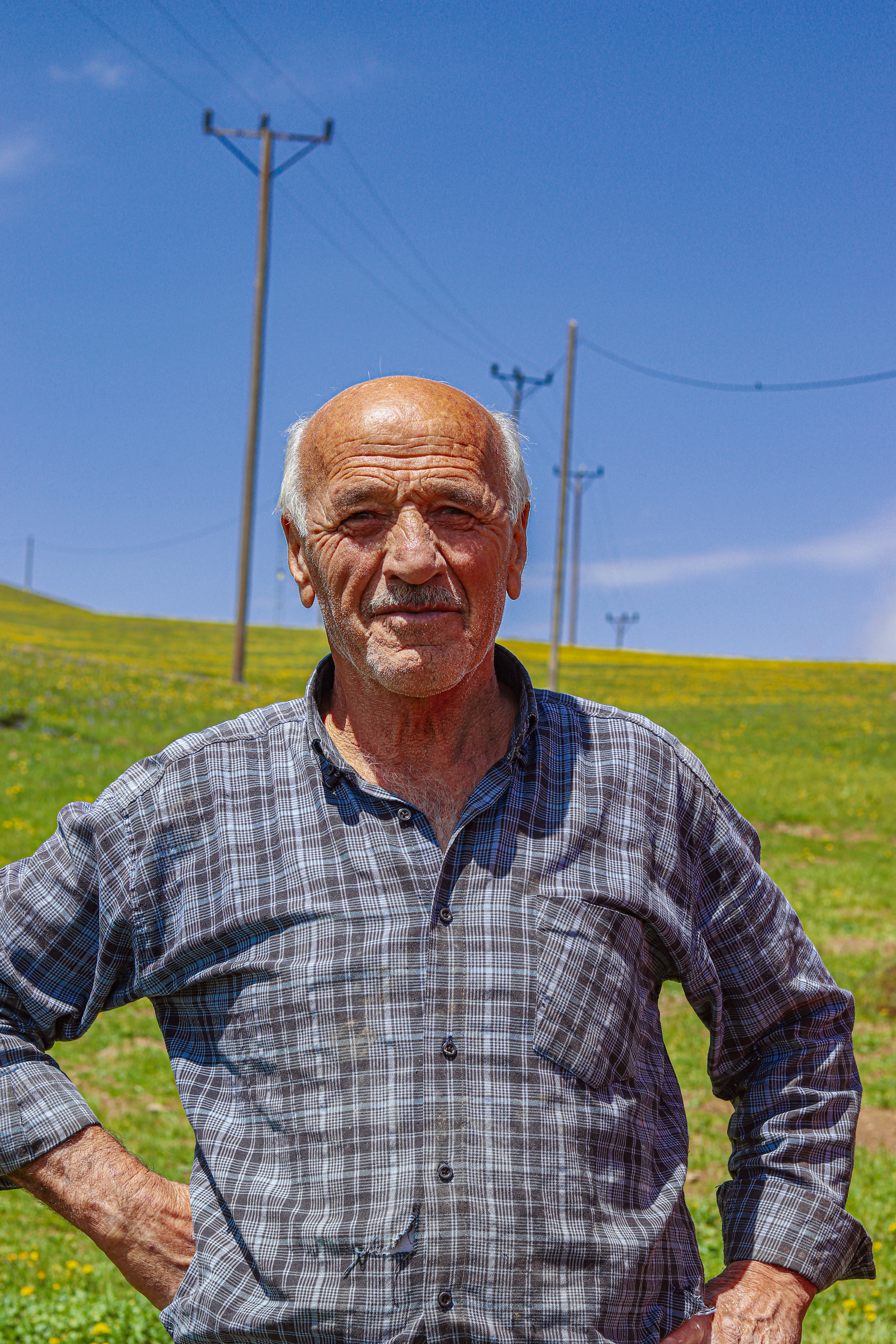 Portrait of an elderly man against a vibrant green field and blue sky in Gümüşhane, Türkiye.