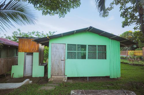 Free A quaint green house in a tropical environment surrounded by lush vegetation. Stock Photo