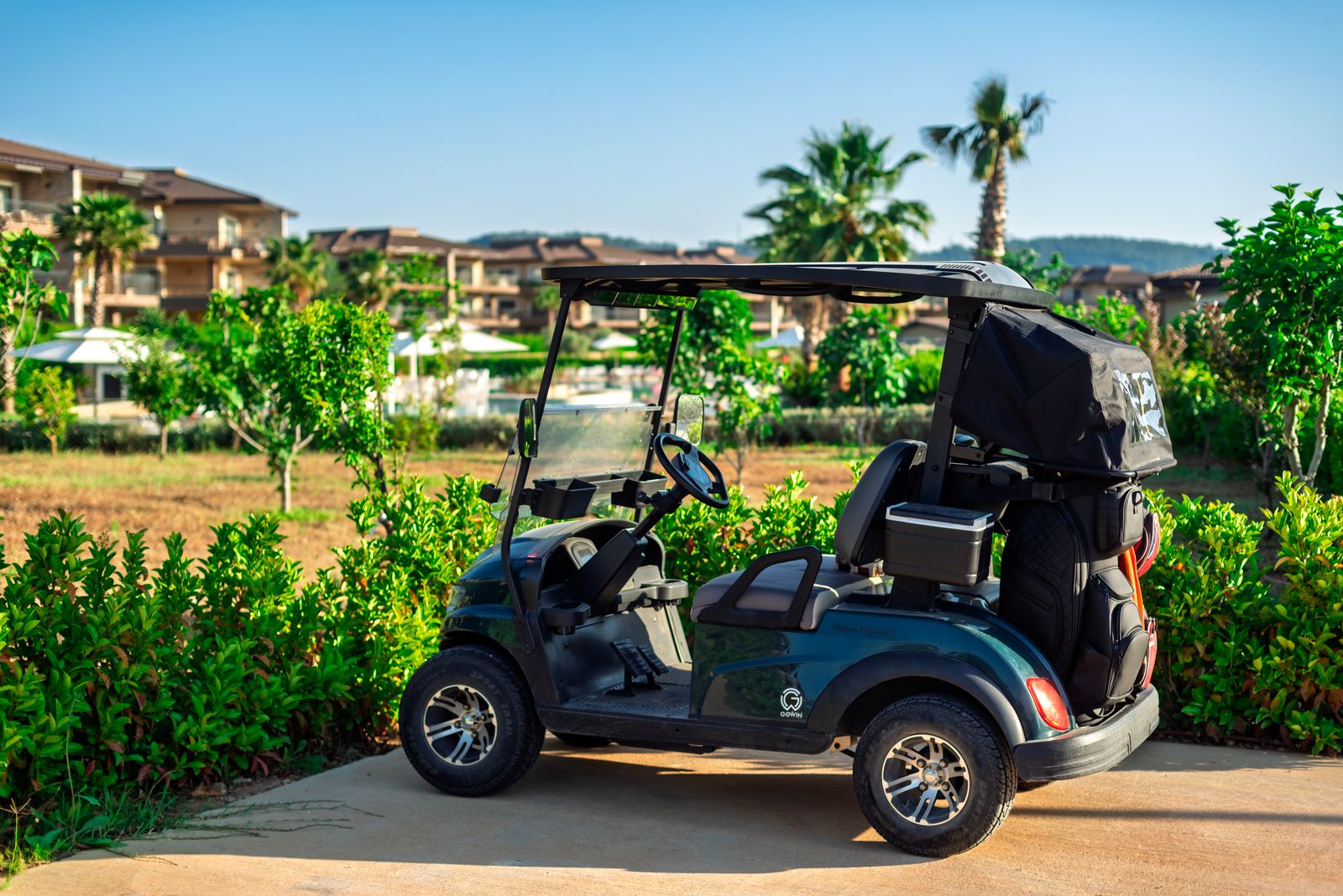 A golf cart parked outdoors with resort and palm trees in the background, perfect for vacation vibes.