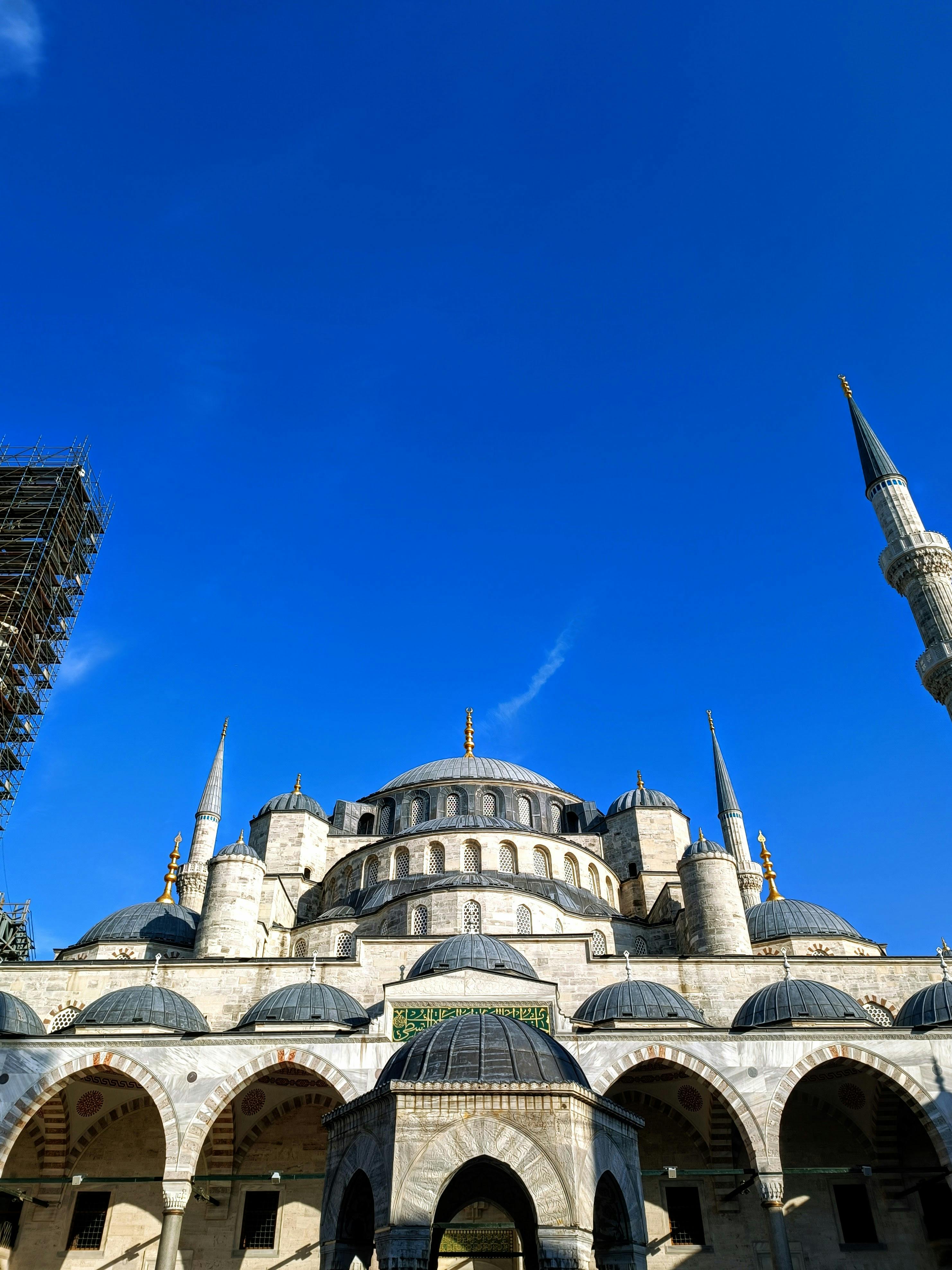 Capture of the iconic Blue Mosque in Istanbul, showcasing its impressive architecture under a clear blue sky.