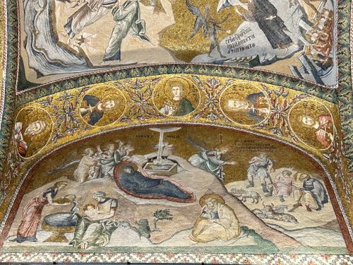 Free Beautiful Byzantine mosaic art depicting religious scenes in historic chapel. Stock Photo