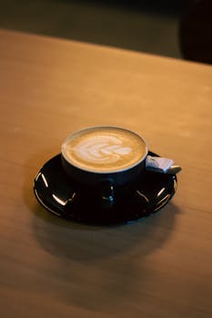Elegant latte with leaf art in black cup on cozy wooden table setting.