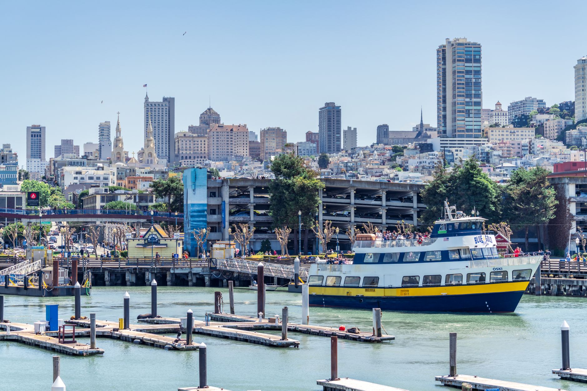 Beautiful view of San Francisco skyline with ferry and Pier 39 in the foreground.