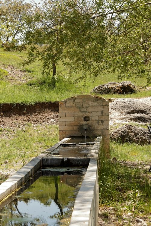 Free A serene landscape featuring a stone water trough in a grassy field. Stock Photo