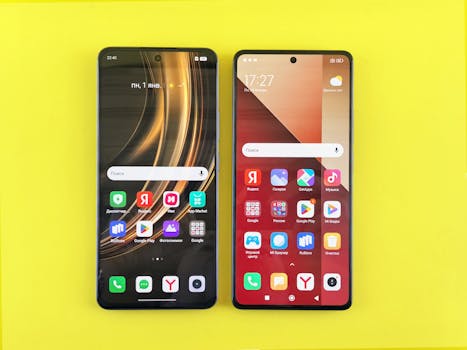 Two modern smartphones displayed side by side on a bright yellow surface. Minimalist technology concept.