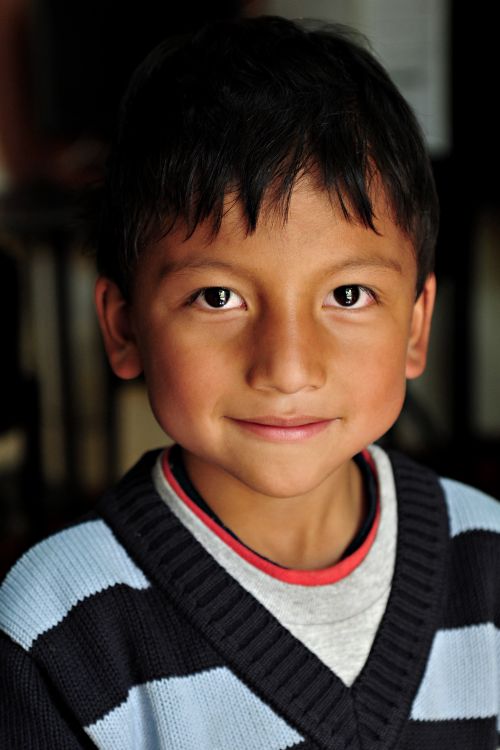 Free Charming portrait of a smiling Ecuadorian boy in a cozy indoor setting. Stock Photo