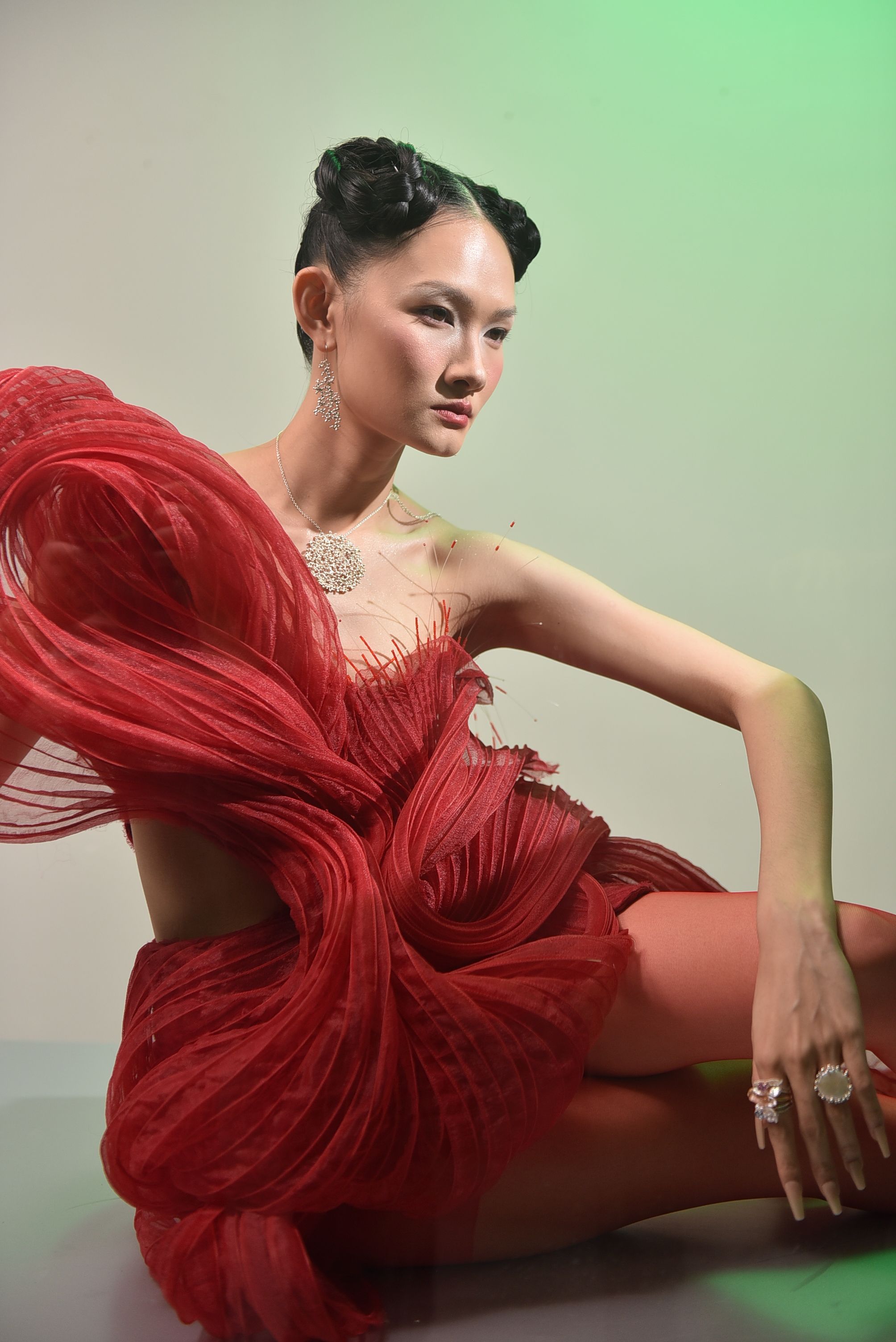Stunning portrait of a woman in an elaborate red dress with elegant jewelry.