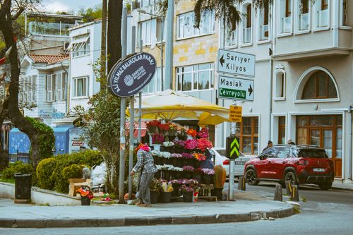 Free A vibrant flower stall on a bustling street corner in Istanbul, Turkey. Stock Photo