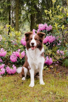 Brown and white Border Collie sits among pink rhododendron flowers in a lush forest.